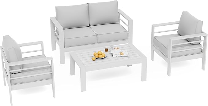 UDPATIO Aluminum Patio Furniture Set, 4 Seats Modern Outdoor Seating Set for Balcony(Include Waterproof Sofa Cover)