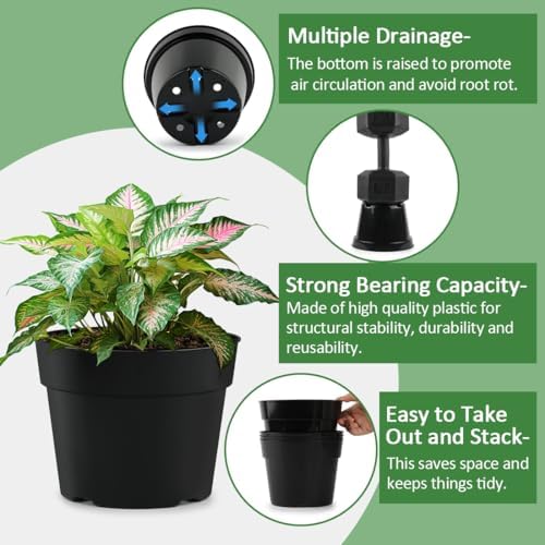 RooTrimmer 4/6/8 Inch Black Plant Nursery Pots, 15 Pack, Thickened Plastic with Drainage Holes, Indoor/Outdoor