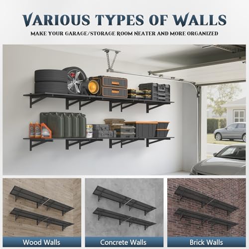 Jusgym 4 Pack Garage Wall Shelving, 1.5x4ft, 1400LBS Integrated Shelves