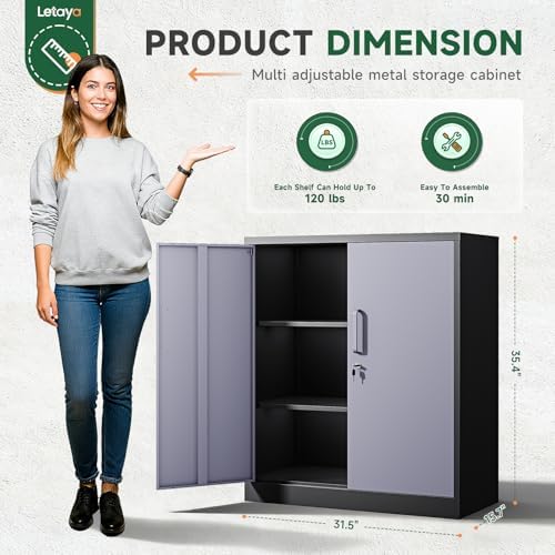 Letaya Metal Storage Cabinets with Lock Door and Shelves, Steel Garage Tool Cabinets for Home,Office, Warehouse,Lockers (36“-Black&Gray)