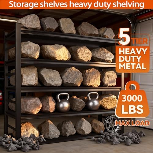 Metal Garage Shelving Unit, Heavy Duty 5-Tier Adjustable Storage shelves, Steel Shelving, 3000 lbs Capacity, Industrial Shelves for Heavy Tools and Equipment, Ideal for Garage, Basement, Black, 72"