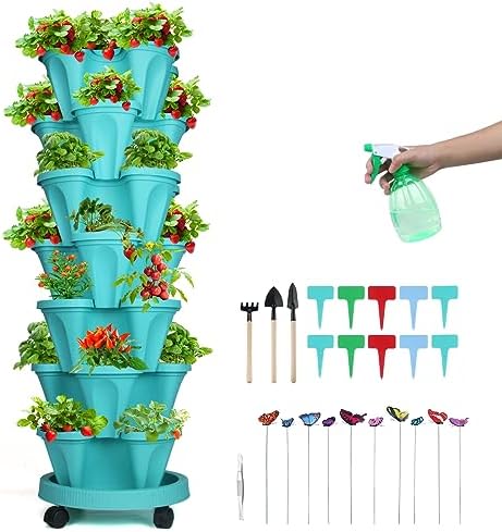 GameXcel Vertical Planter Tower - 7 Tier Stackable Garden Planters with Wheels and Garden Tool Set Plant Pots for Strawberry Herb Flower and Vegetable Indoor Outdoor Use Teal