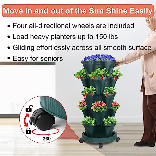DUNCHATY Stackable Planter, Vertical Garden Planter with Wheels and Tools, Strawberry Indoor/Outdoor 5 Tier Tower Herb for Growing Vegetables Succulents, Dark Green, 2 Pack