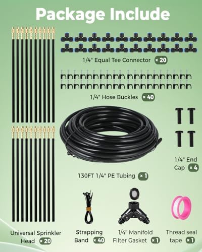 130FT Drip Irrigation System for Garden: 20 Nozzles 1/4" PE Tubing Automatic Watering Kit Adjustable Misting Sprinkler Mister Hose for Water Plants Tape Raised Beds Lawn Outdoor Yard Greenhouse 130FT