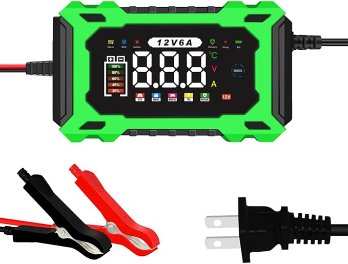 12V 6A Smart Battery Charger - Automotive Car/Motorcycle 12V Lead-Acid Battery Charger with LCD, Pulse Repair & Overcharge Protection (Green)