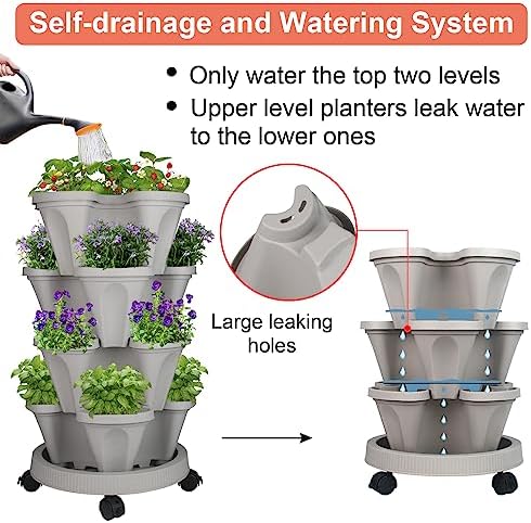 GameXcel Vertical Planter Tower - 4 Tier Stackable Garden Planters with Wheels and Tools Plant Pots for Strawberry Herb Flower and Vegetable Indoor Outdoor Use Gray