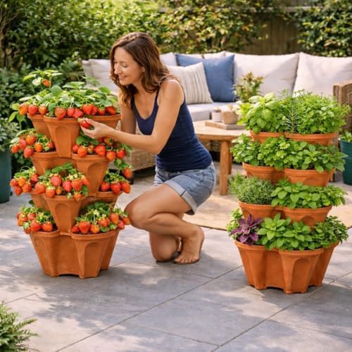 Vertical Garden Planter 4 Tier Stackable System 16 Plants, Space Saving Herb, Strawberry & Food Crop Planter with Center Support Hole for Indoor Outdoor Gardening (4, Terracotta, Small)