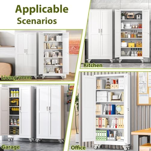 71-Inch Metal Garage Storage Cabinet with Wheels, Locking Doors and Shelves