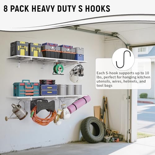 2 Pack Garage Wall Shelving, 46" x 12.5" Heavy Duty Storage Racks, Garage Shelves Wall Mounted with 8 Hooks, 320 LBS Capacity Floating Metal Shelf Organizer for Laundry Room, Basement, Workshop