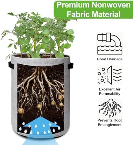 Homyhoo Potato Grow Bags with Flap 10 Gallon, 4 Pack Planter Pot with Handles and Harvest Window for Potato Tomato and Vegetables, Black and Gray