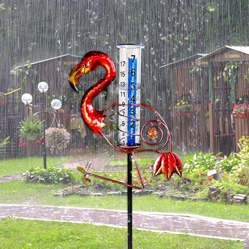 JOYBEE Flamingo Rain Gauge Garden Decor, Accurate Rain Gauges Outdoors，Rain Gauge for Yard with Stake, Decorative Rain Measure Gauge for Garden, Deck, Lawn with Large Numbers.