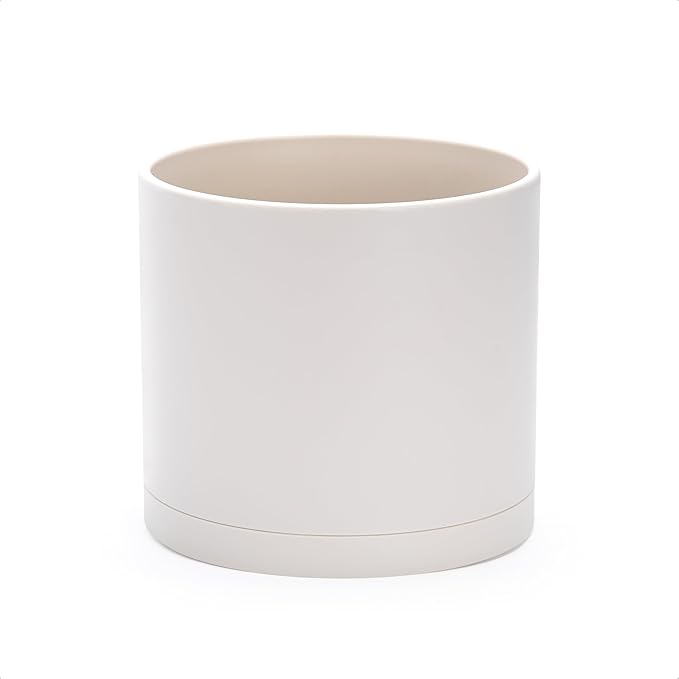 D'vine Dev 8 Inch Plastic Planter Pots for Plant Pot with Drainage Hole and Seamless Saucers, Oatmeal, 74-X-H-1
