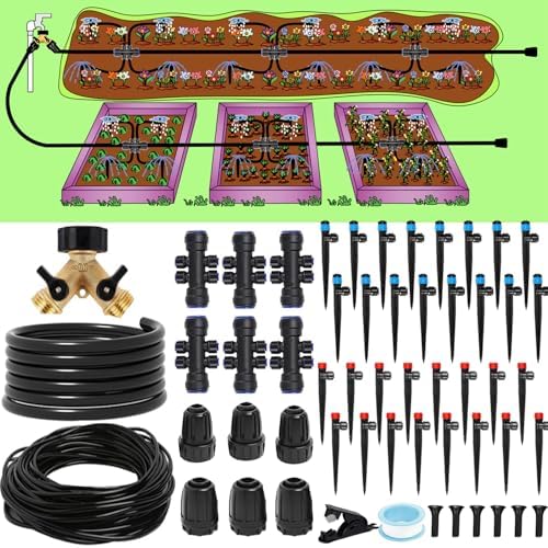 233FT Drip Irrigation System Kit with Quick-Connect System,33FT 1/2" Mainline & 200FT 1/4" Tubing,Brass Y-Type Splitter,Adjustable Nozzle Types.Garden Efficient Sprinkler System Kit