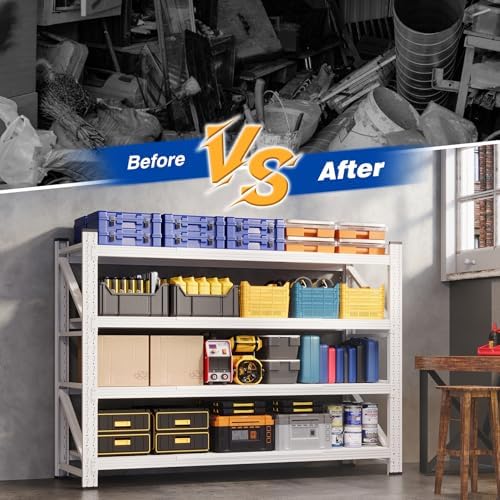 BYNSOE 60" W Storage Shelves 5000lbs Garage Metal Shelving Heavy Duty Garage Shelves Adjustable Storage Shelves for Industrial, Factory, (White, 60" W X 24" D X 70" H)