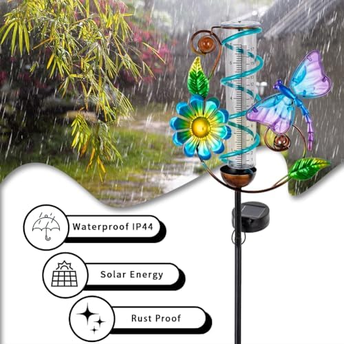 Solar Rain Gauge Outdoor, Dragonfly Rain Gauges for Yard
