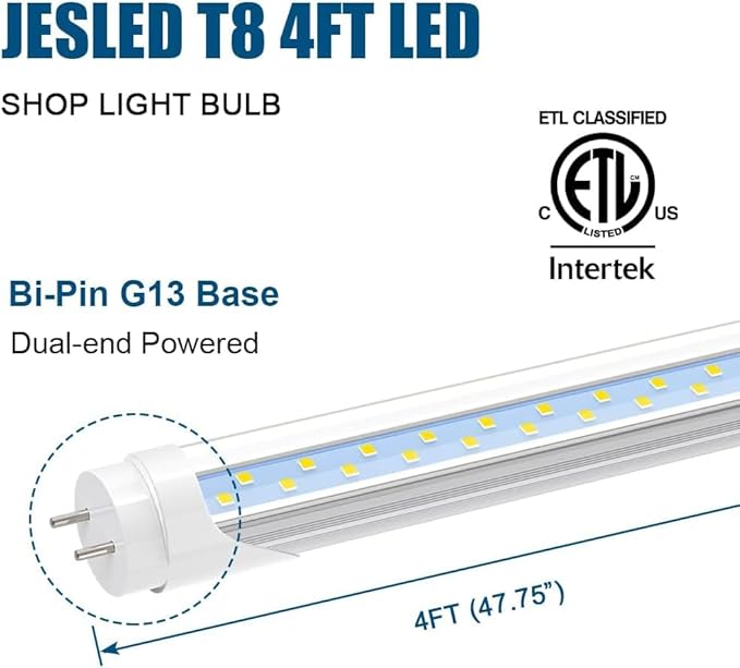 JESLED T8 LED 4FT Type A+B Light Bulbs, 24W(65W Equivalent), 3000LM, 6000K Super Bright, Plug and Play or Ballast Bypass, 4 Foot LED Fluorescent Tube Replacement, ETL Listed, Dual-Ended, Clear(6-Pack)