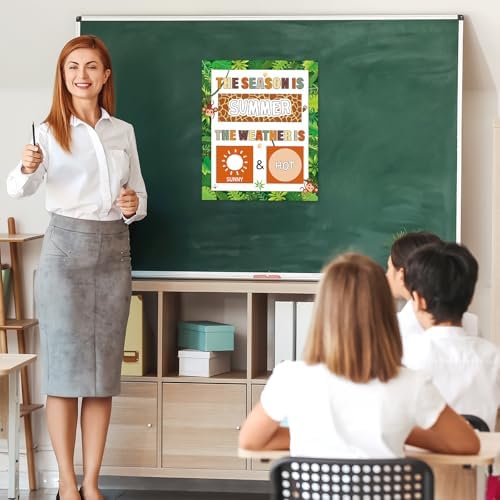 Jungle Animal Season and Weather Calendar Bulletin Board Safari Season Calendar Posters with Weather Cards Hook and Loop Dots for Classroom Wall Decor Preschool Kindergarten Student Teacher Supplies