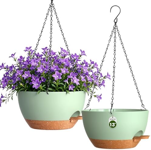 13 Inch Large Self Watering Hanging Planters 2 Pack with Saucers