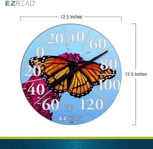 EZREAD Hanging Dial Thermometer 840-1235 Weather Thermometers for Indoor and Outdoor Use, Large 12.5 Inch Diameter, Easy to Read Numbers, Butterfly