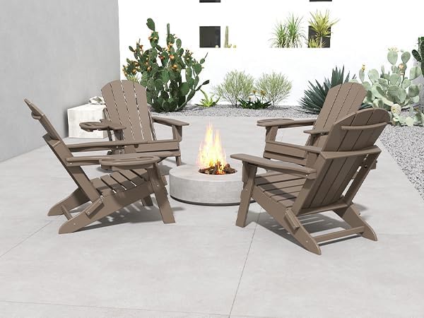 FOOWIN Folding Adjustable Adirondack Chair Set of 6,HDPE Adirondack Chair w/4 in 1 Cup Holder Trays,All-Weather Resistant Fire Pit Chair, Outdoor Chair for Patio Lawn Poolside,400lbs,Brown