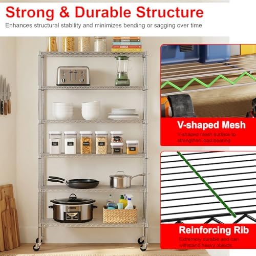 PayLessHere | 6-Tier Wire Shelf with Wheels | 45"x18"x82" | Chrome