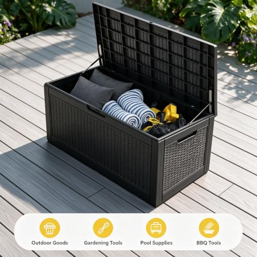 120 Gallon Deck Box,Lockable Outdoor Storage Box Gas Lift,Waterproof Black
