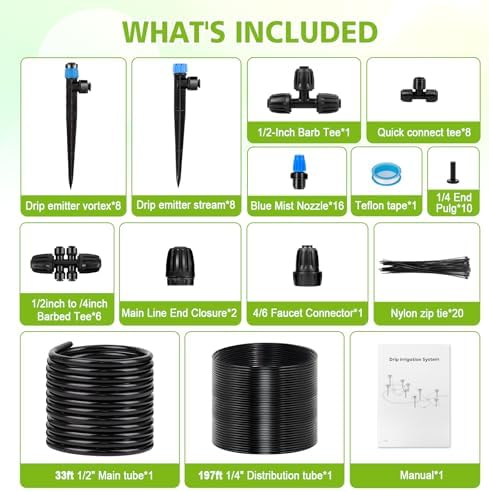 230FT New Quick-Connect Drip Irrigation System Kit, Automatic Garden Watering Misting System for Greenhouse, Yard, Lawn, Plant with 1/2 inch Hose 1/4 inch Distribution Tubing and Accessories