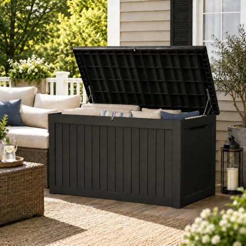 270 Gallon Lockable Resin Outdoor Storage Box, Waterproof & Weather Resistant Deck Box for Patio Cushion, Garden Tools & Pool Accessories, Black New