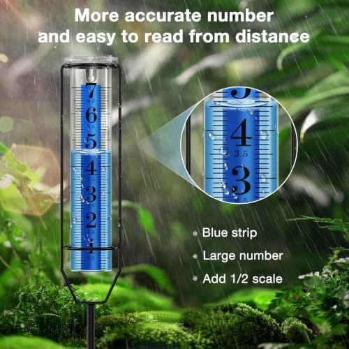 BoArt Rain Gauge, 7" Freeze-Proof Thickened Transparent Plastic Rain Gauge Outdoor, Large Clear Numbers and Adjustable Height Rain Measuring Tool for Garden, Lawn, Patio, and Farm Use