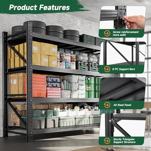 Letaya 71.3" W Metal Storage Shelves,5000LBS Heavy Duty Garage Shelving Units, 4 Tier Adjustable Utility Rack Shelf,Large Industrial Shelves,for Shop,Warehouse,Black (71.3" W x 24" D x 70" H)