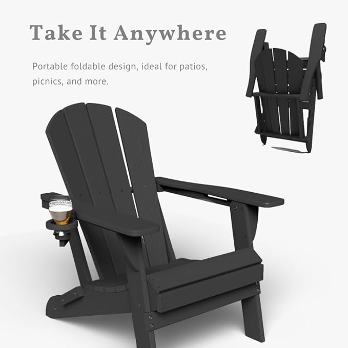 Folding Adirondack Chair with Cup Holders, HDPE Plastic Outdoor Chairs, Weather Resistant, Real Wood Look for Patio, Deck, Fire Pit, Backyard, Black