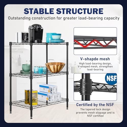 PayLessHere | 3-Tier Wire Shelf | 23"x13"x30" | Black | Adjustable Racks | Heavy-Duty Storage Shelves, Holds Upto 450 lbs | Rust-Resistant, No-Tool Assembly | for Home, Garage Shelving