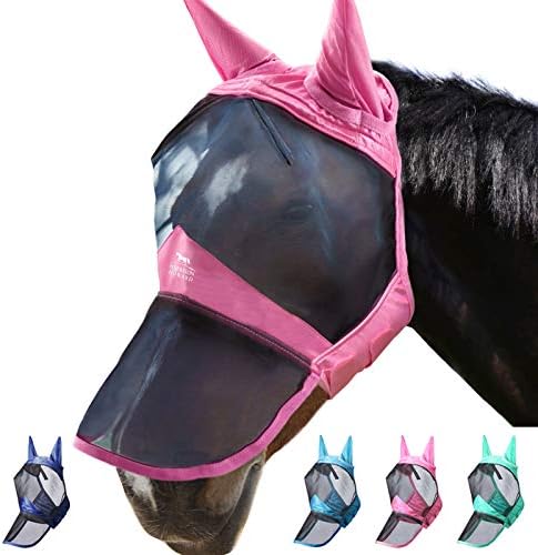 Harrison Howard CareMaster Pro Luminous Horse Fly Mask Large Eye Space Long Nose with Ears UV Protection for Horse Light Pink S Pony