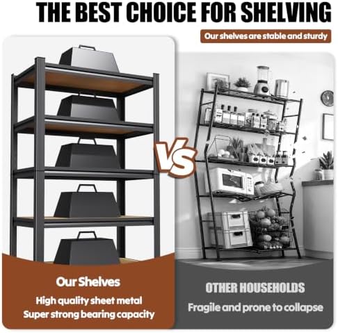 71.2" H Storage Shelves, 5 Tier Adjustable Wood Garage Shelving, Utility Tall Metal Shelving Unit, Easy to Install Standing Garage Storage for Warehouse,Bedroom,Basement,45.6" WX17.7 DX71.2 H