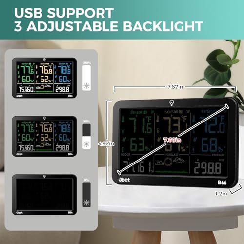OBET Weather Station Wireless Indoor Outdoor Thermometer Wireless, Color Display Digital Temperature and Humidity Monitor with 3 Sensors, Alerts, Adjustable Backlight, USB Port (500 Feet)