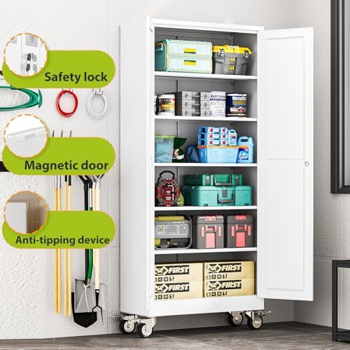75-Inch Metal Garage Storage Cabinet with Wheels, Locking Doors and Shelves