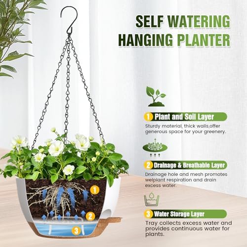 13 Inch Large Self Watering Hanging Planters 2 Pack with Saucers