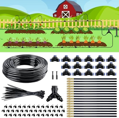 Drip Irrigation System,100 Ft Quick-Connect Garden Sprinkler Kit with 16pcs 360° Adjustable Nozzles for Garden, Lawn, Greenhouse, Raised Beds & Outdoor Plants