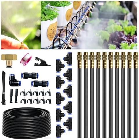 30FT 360° Mist Spray Drip Irrigation System - Garden Watering Kit with 10 Fine Mist Nozzles, Adjustable Atomizing Sprinkler for Greenhouse, Potted Plants, Raised Beds, Yard, 1/4 inch Hose