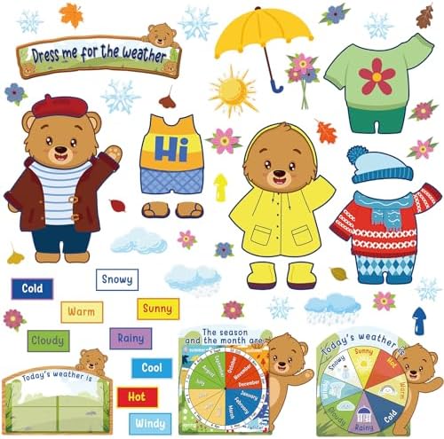 Gilprop 58 Pcs Dress for Weather Bulletin Board Set for Classroom, Bear