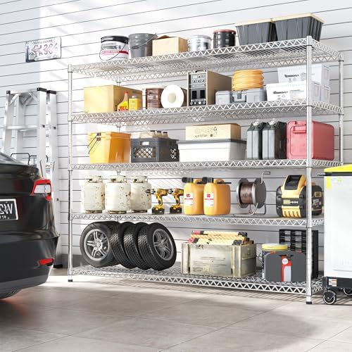 REIBII 55.5" W Storage Shelves 3200LBS Metal Shelving 5 Tier Wire Shelving Garage Shelving Heavy Duty Metal Shelves for Shelving Unit Commercial Adjustable Shelf, 55.5" W X 18''D X 71" H，Chrome,2P