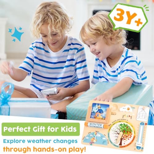 Wooden Weather Station Cognitive Board with 24 Cards, Climate Teaching Toy, Weather Board for Kids, Learning Daily Weather Condition Changes, Months Temperature & Seasons Toys for 3,4,5 Years Old