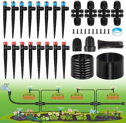 95.5FT Drip Irrigation System Kits - Automatic Garden Watering Sprinkler with 1/2 & 1/4 inch Tubing Hose Patio Misting Plant Irrigation Water Equipment Quick Connector for Greenhouse Flower Beds Lawn