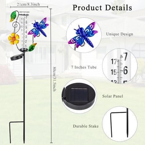 Solar Rain Gauge Outdoor, Dragonfly Rain Gauges for Yard