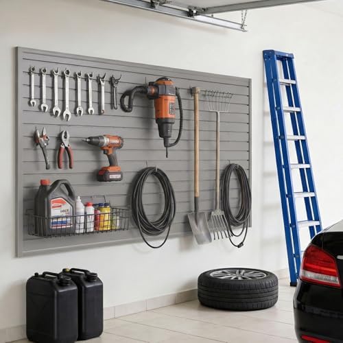 SMARTSTANDARD Heavy Duty PVC Slatwall Panels 4x8 ft, Interlocking Garage Wall Organizer System, Tool Board for Retail Display, Workshop & Home Storage - Gray