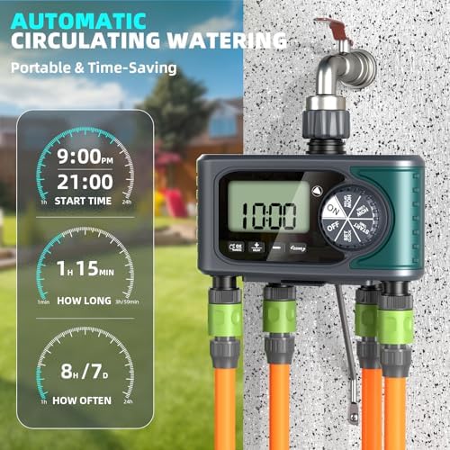 Sprinkler Timer for Outdoor Hose Faucet 4 Zone, Programmable Hose Timer with Rain Delay/Manual/Automatic Watering System, Water Timers for Garden Hose, Digital Drip Irrigation for Yard Lawn Outdoor