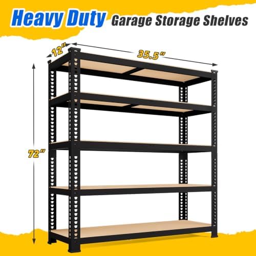 72" H x 35.5" W x 12" D 5-Tier Metal Storage Shelves: Heavy Duty Garage Shelving Adjustable Shelves for Storage - Black Utility Rack Shelf for Pantry, Warehouse, Office, Kitchen, 2PCS