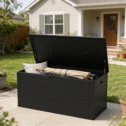 Outdoor Storage Box,260 Gallon Deck Box Outdoor Storage Bench Outside Waterproof Resin Storage Bench, Lockable Patio Cushions, Garden Tools Storage For Furniture, UV Resistant (Black)