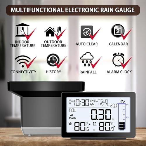 Wireless Rain Gauge Outdoor, Self-Emptying Digital Rain Gauges Outdoors Best Rated, Electronic Rain Measure Gauge for Yard, Freeze Proof Rain Gauge with Thermometer, Remote Rain Meter for Garden