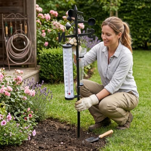 3 in 1 Outdoor Weather Station Garden Thermometer Rain Wind Indicator with Fahrenheit Celsius Display Stake for Yard Courtyard.